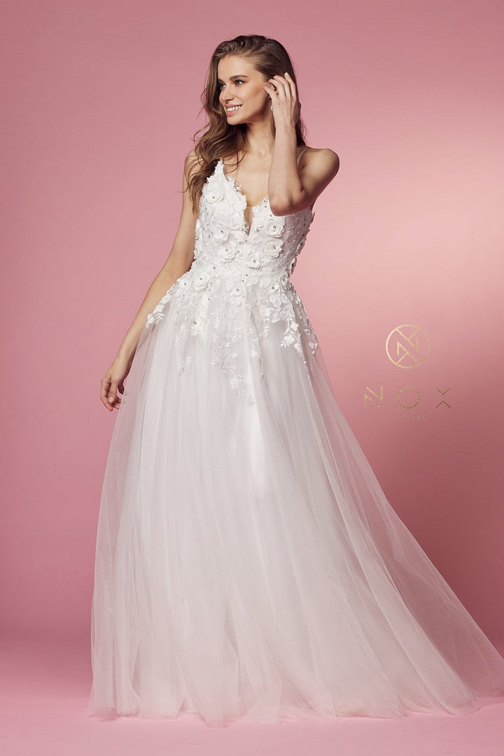Long A-line Dress with Floral Appliques by Nox Anabel R346