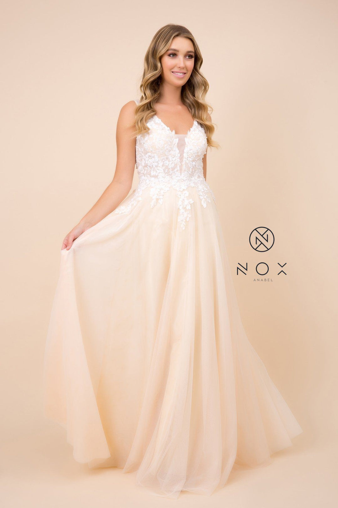 Long A-line Dress with Lace Applique Bodice by Nox Anabel G048