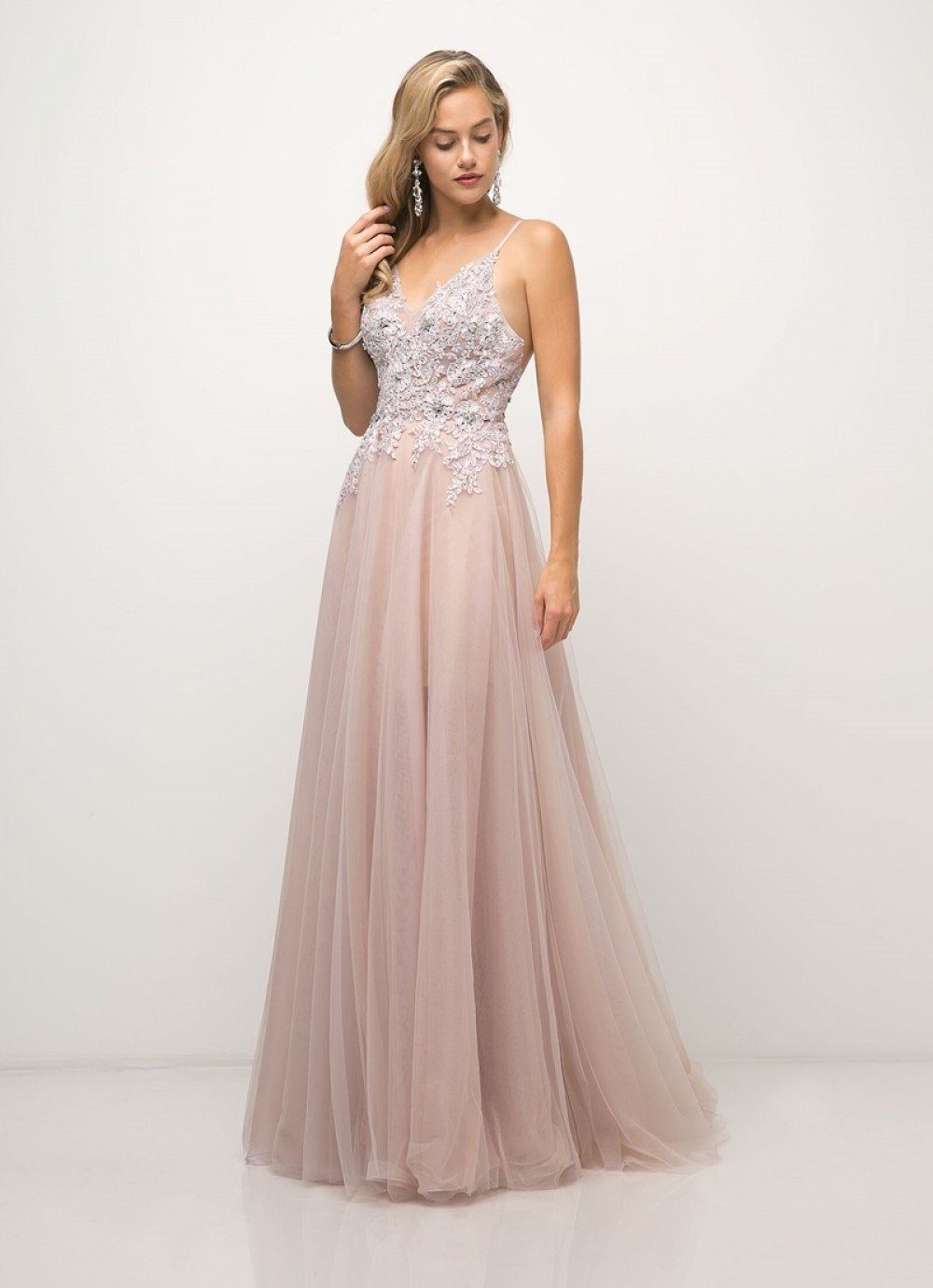 Long A-line Formal Dress with Appliqued Top by Cinderella Divine UW203-Long Formal Dresses-ABC Fashion