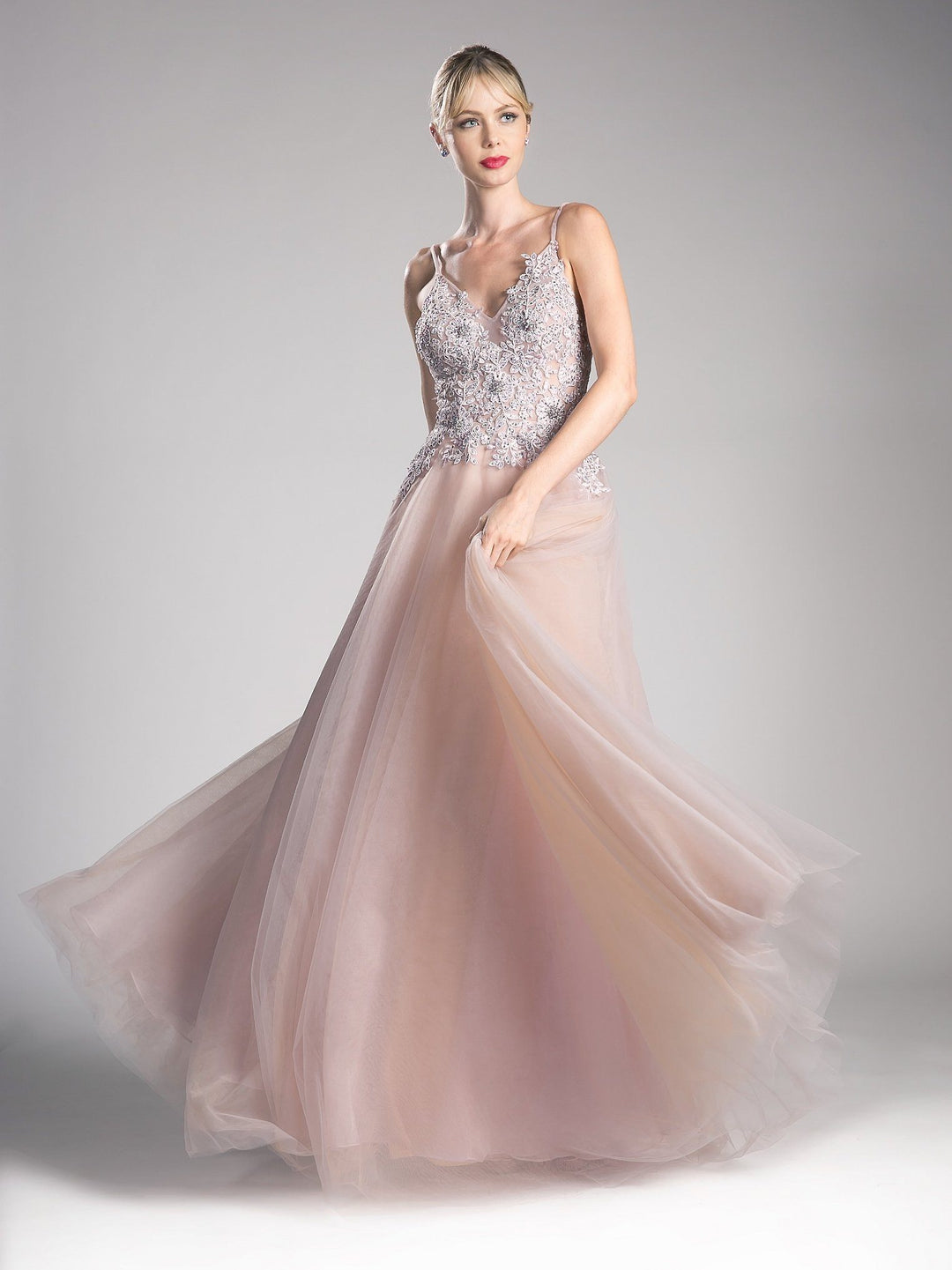 Long A-line Formal Dress with Appliqued Top by Cinderella Divine UW203-Long Formal Dresses-ABC Fashion