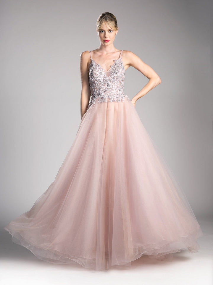 Long A-line Formal Dress with Appliqued Top by Cinderella Divine UW203-Long Formal Dresses-ABC Fashion