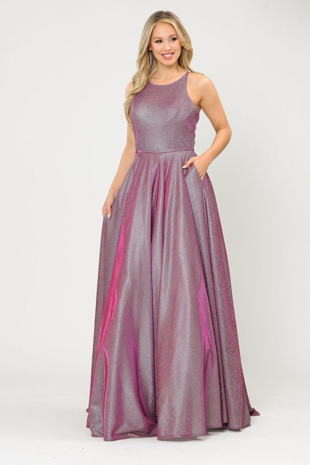 Long A-line Glitter Dress with Corset Back by Poly USA 8436