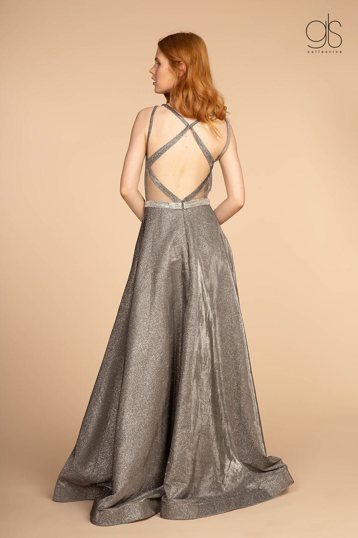 Long A-line Glitter Dress with Jeweled Waistband by Elizabeth K GL2504-Long Formal Dresses-ABC Fashion