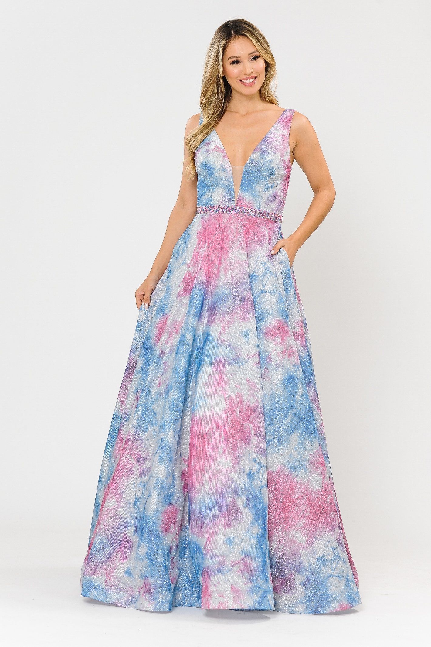 Long A-line Glitter Tie Dye Formal Dress by Poly USA 8346 XL / Blue/Pink