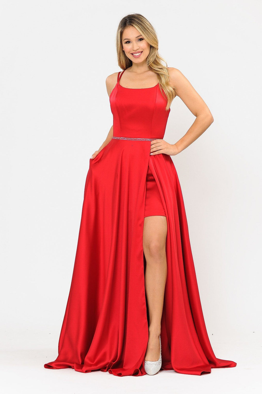Long A-line Satin Dress with Corset Back by Poly USA 8652