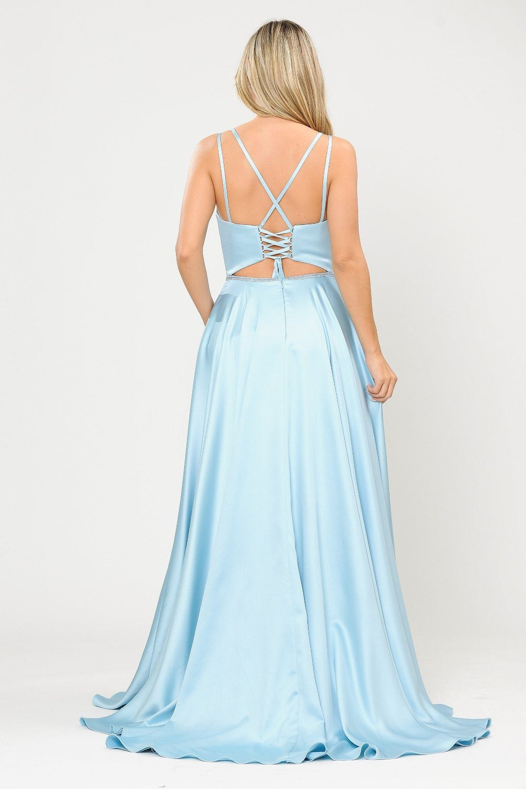 Long A-line Satin Dress with Corset Back by Poly USA 8652