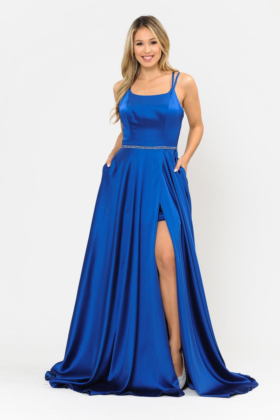Long A-line Satin Dress with Corset Back by Poly USA 8652