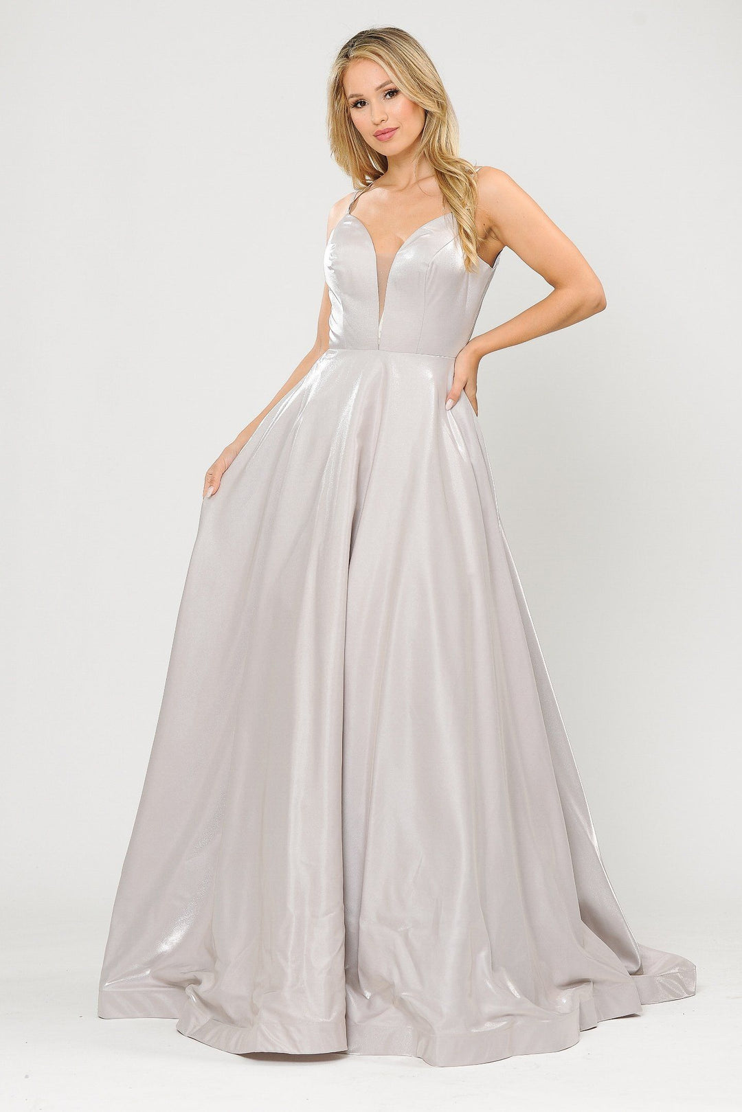 Long A-line Satin Dress with Illusion V-Neckline by Poly USA 8644