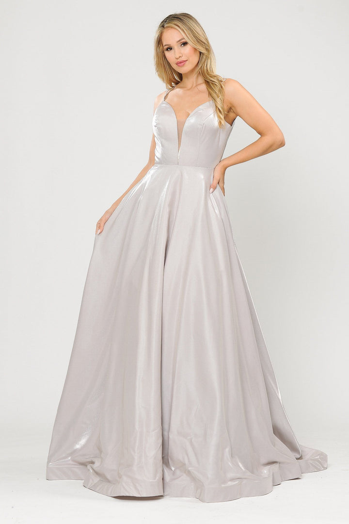 Long A-line Satin Dress with Illusion V-Neckline by Poly USA 8644