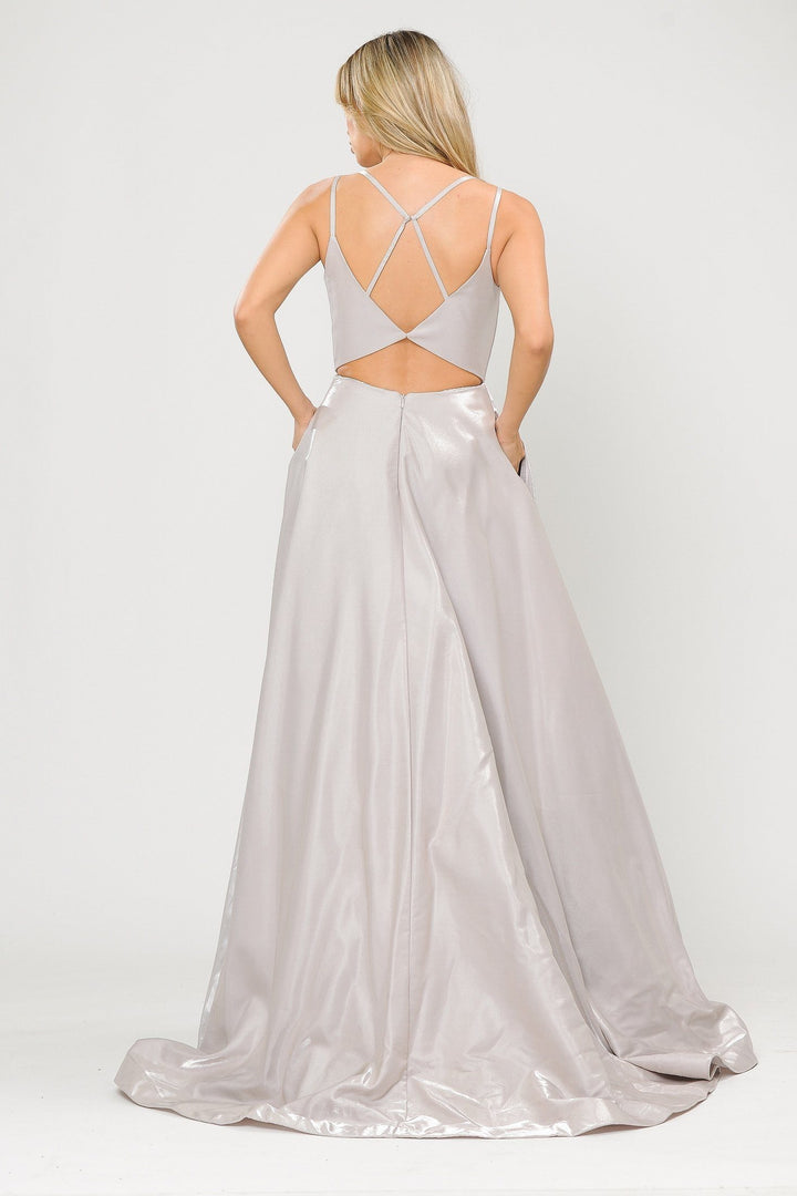 Long A-line Satin Dress with Illusion V-Neckline by Poly USA 8644