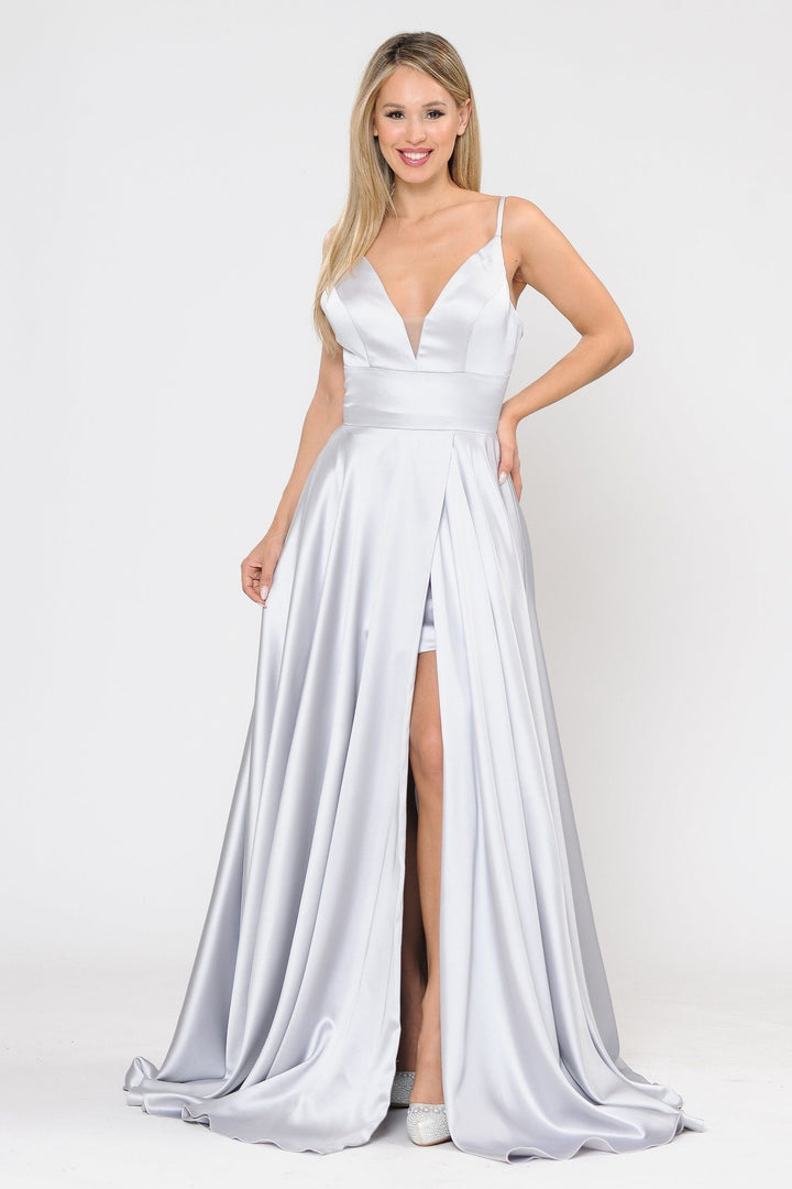 Long A-line Satin Dress with Short Skirt by Poly USA 8606