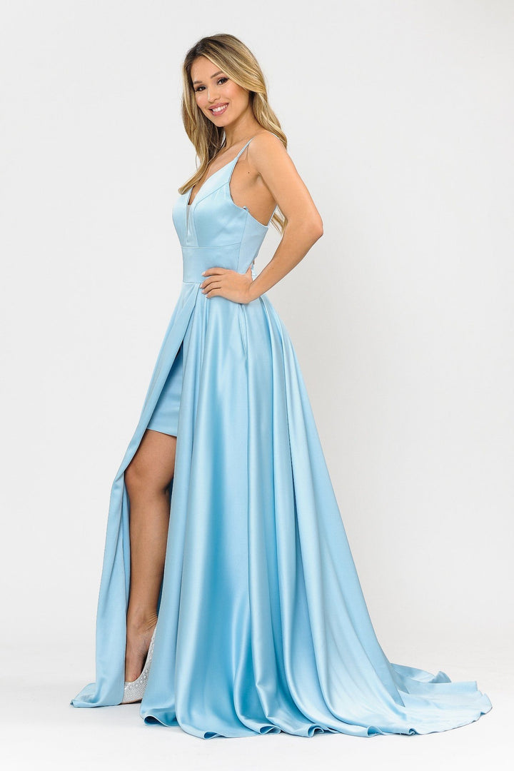 Long A-line Satin Dress with Short Skirt by Poly USA 8606