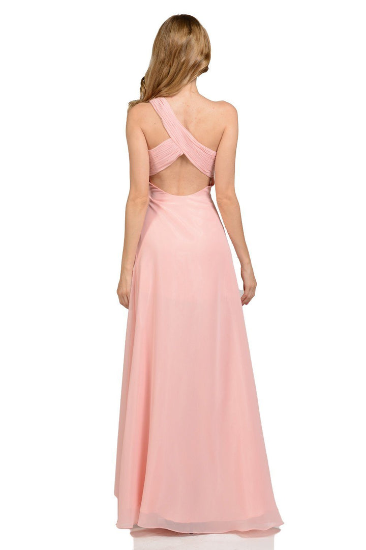 Long Aqua One Shoulder Chiffon Dress by Poly USA-Long Formal Dresses-ABC Fashion