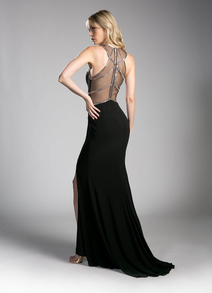 Long Beaded Illusion Dress with Slit by Cinderella Divine CD0115-Long Formal Dresses-ABC Fashion
