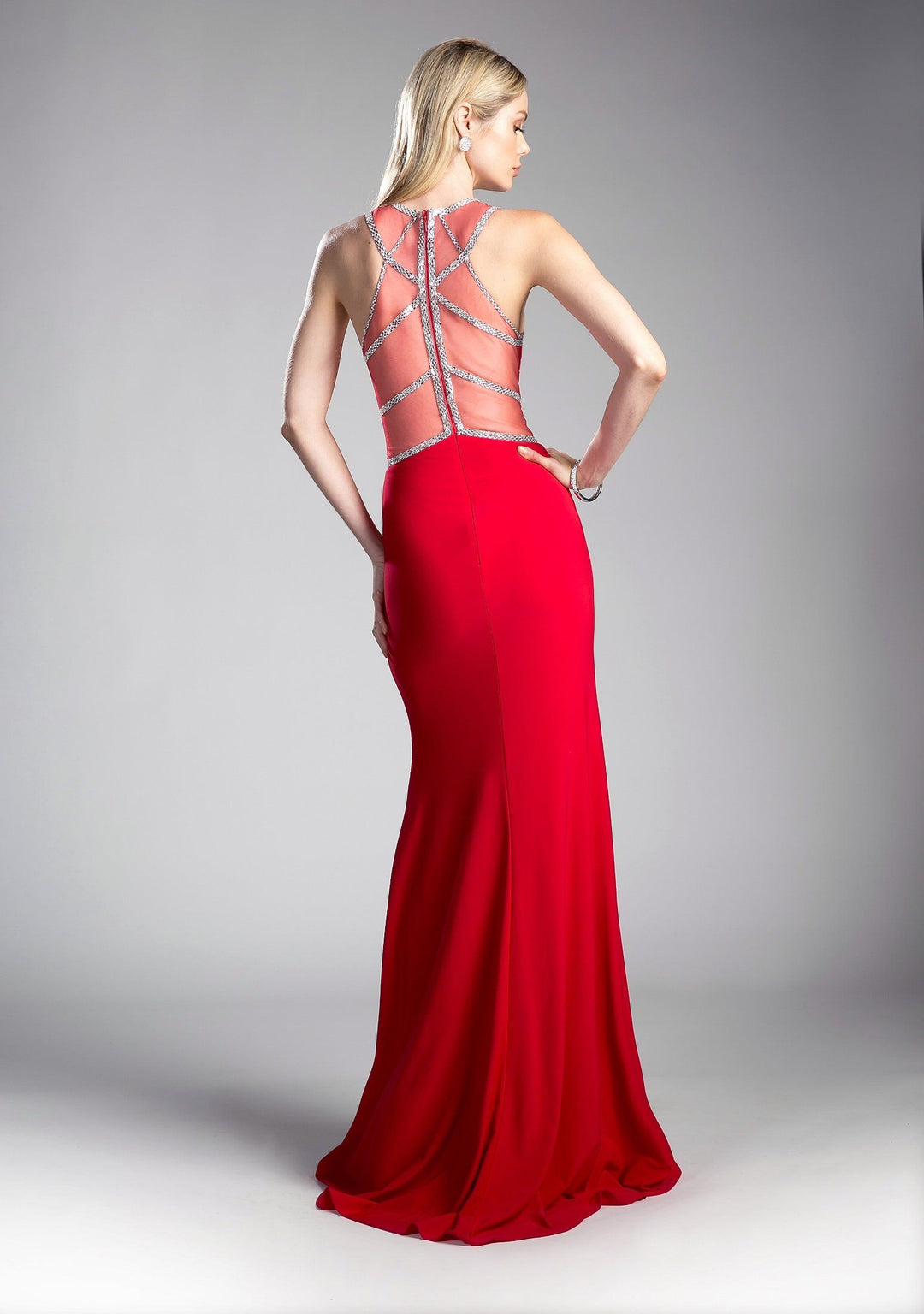 Long Beaded Illusion Dress with Slit by Cinderella Divine CD0115-Long Formal Dresses-ABC Fashion