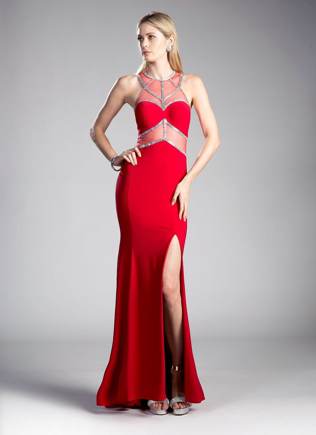 Long Beaded Illusion Dress with Slit by Cinderella Divine CD0115-Long Formal Dresses-ABC Fashion