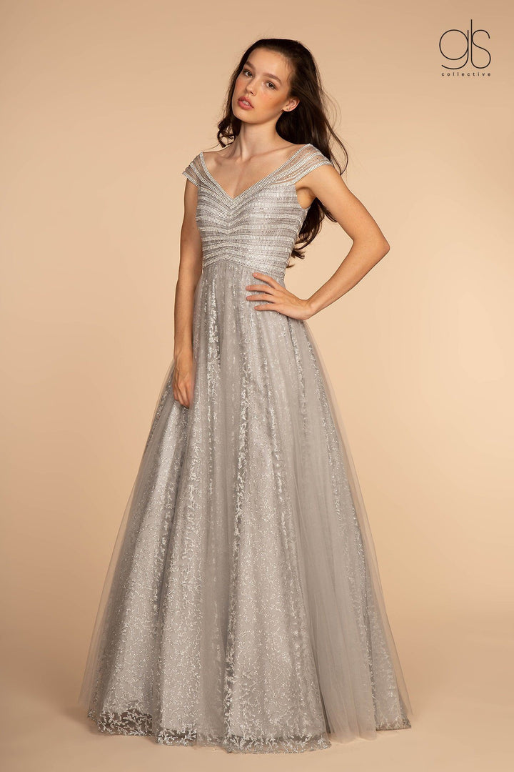 Long Cap-Sleeve Glitter Print Dress by Elizabeth K GL2526-Long Formal Dresses-ABC Fashion