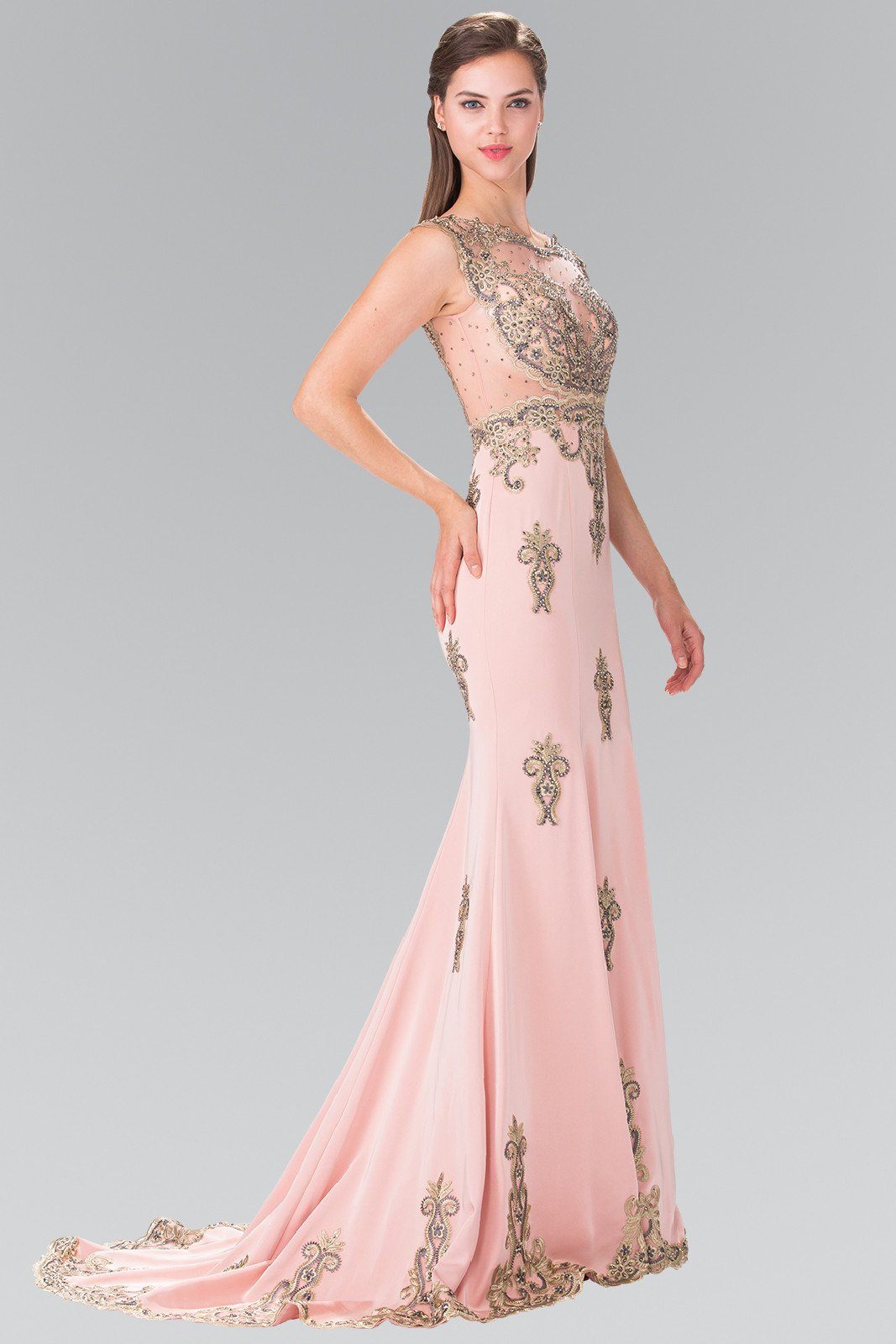 Long Cap Sleeve Illusion Dress with Applique by Elizabeth K GL2233-Long Formal Dresses-ABC Fashion