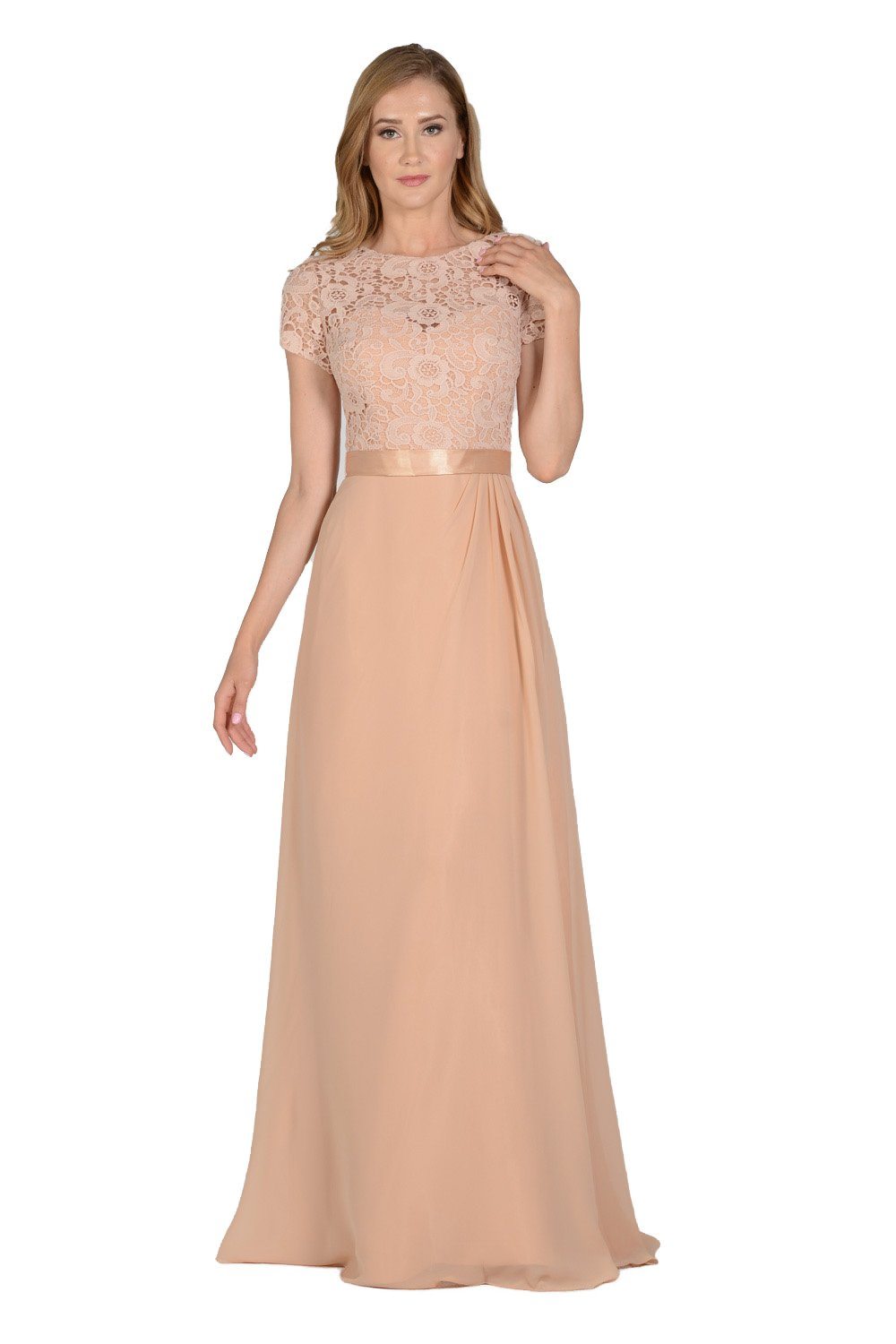 Long Champagne Dress with Short-Sleeved Lace Bodice by Poly USA – ABC  Fashion