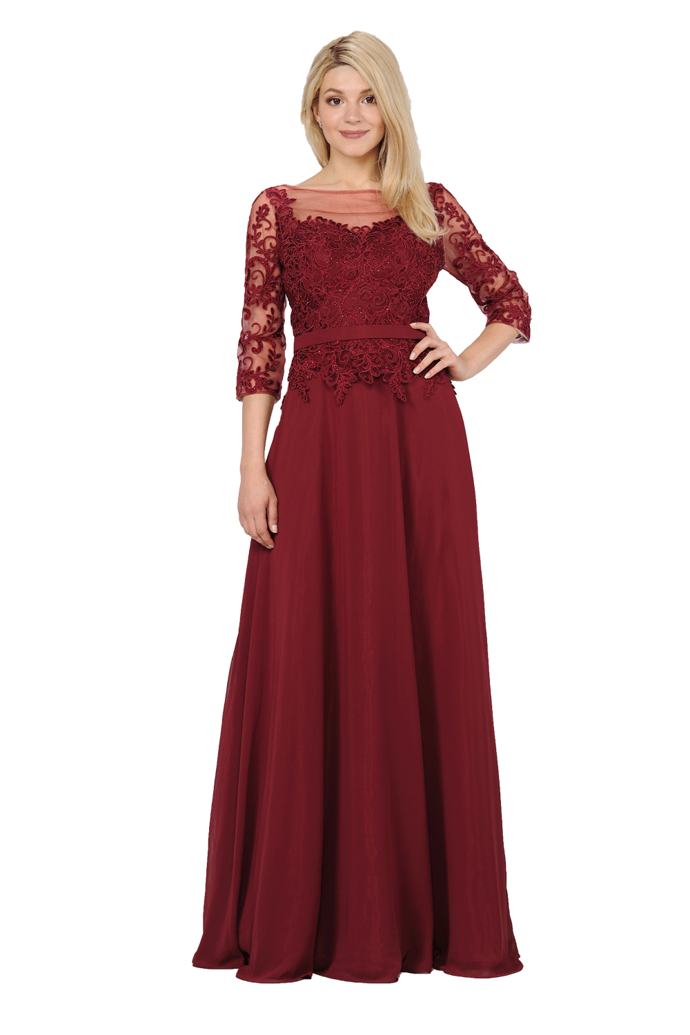 chinese dress ladies 3/4 Sleeves A Line Ankle Length Chiffon Lace Wedding Guest Dresses, Burgundy main image 0