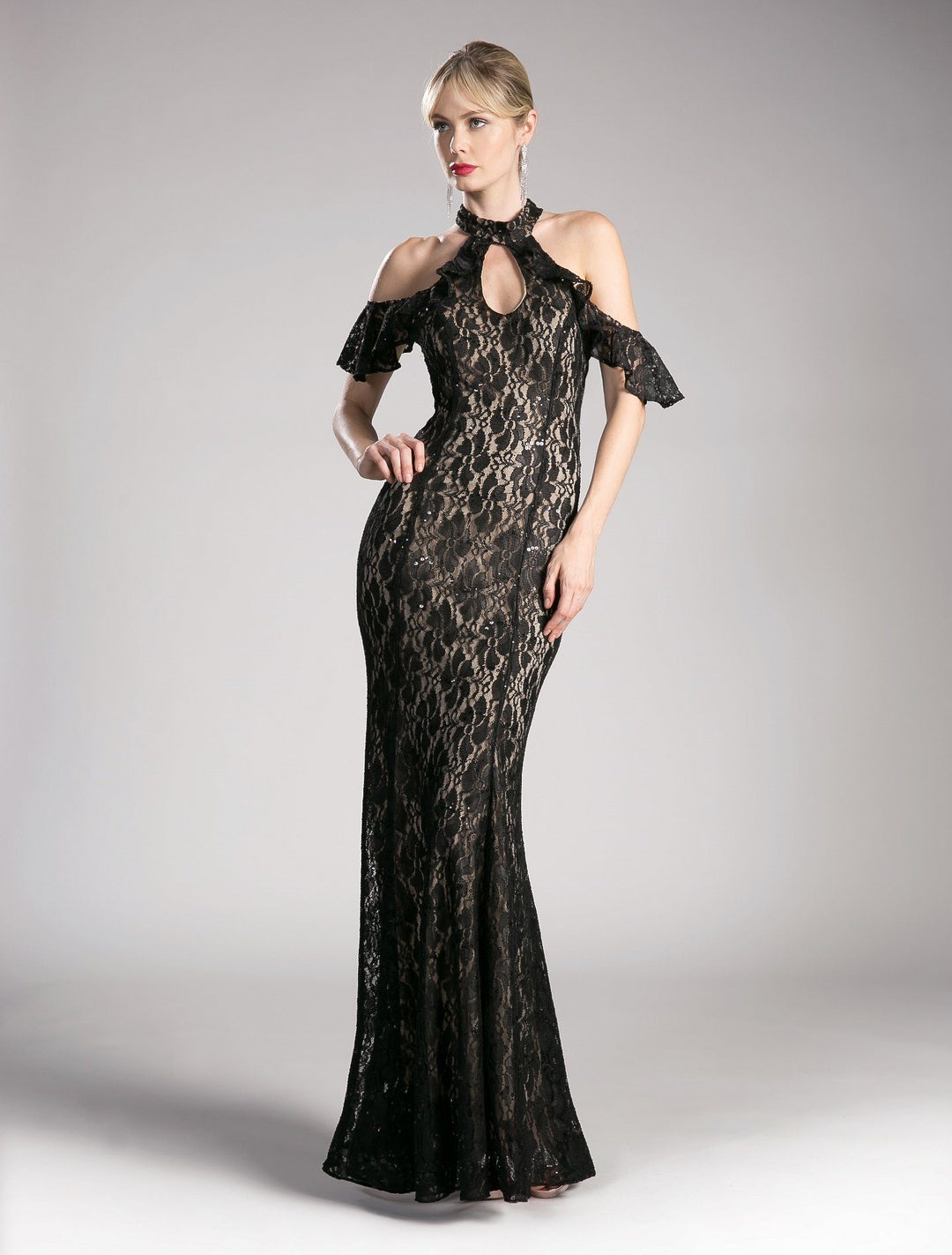 Long Cold Shoulder Lace Dress by Cinderella Divine C0701-Long Formal Dresses-ABC Fashion
