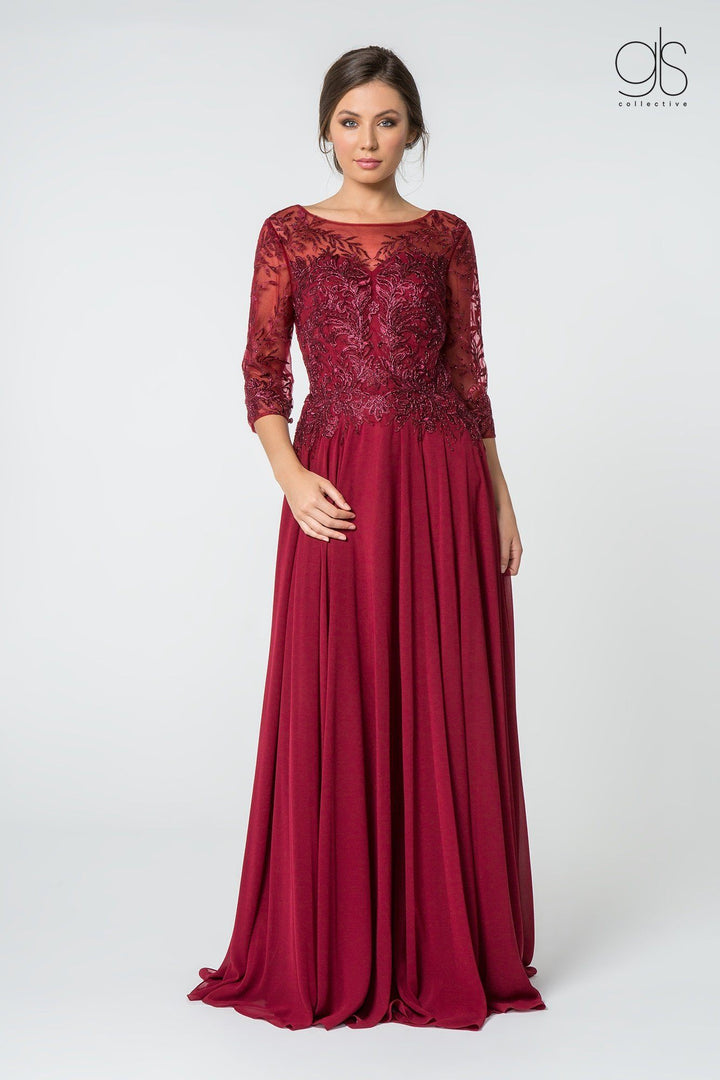 Long Embroidered Bodice Dress with 3/4 Sleeves by Elizabeth K GL2810-Long Formal Dresses-ABC Fashion