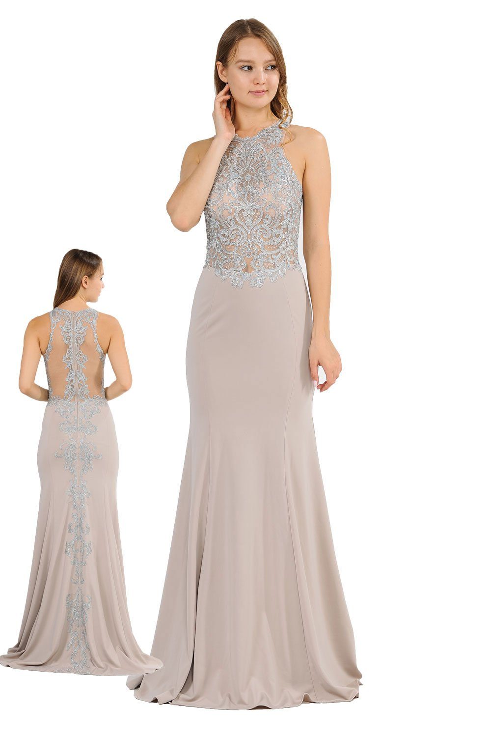 Long Embroidered Dress with Sheer Back by Poly USA 8314 L / Mocha Long Embroidered Dress with Sheer Back by Poly USA 8314 L / Mocha