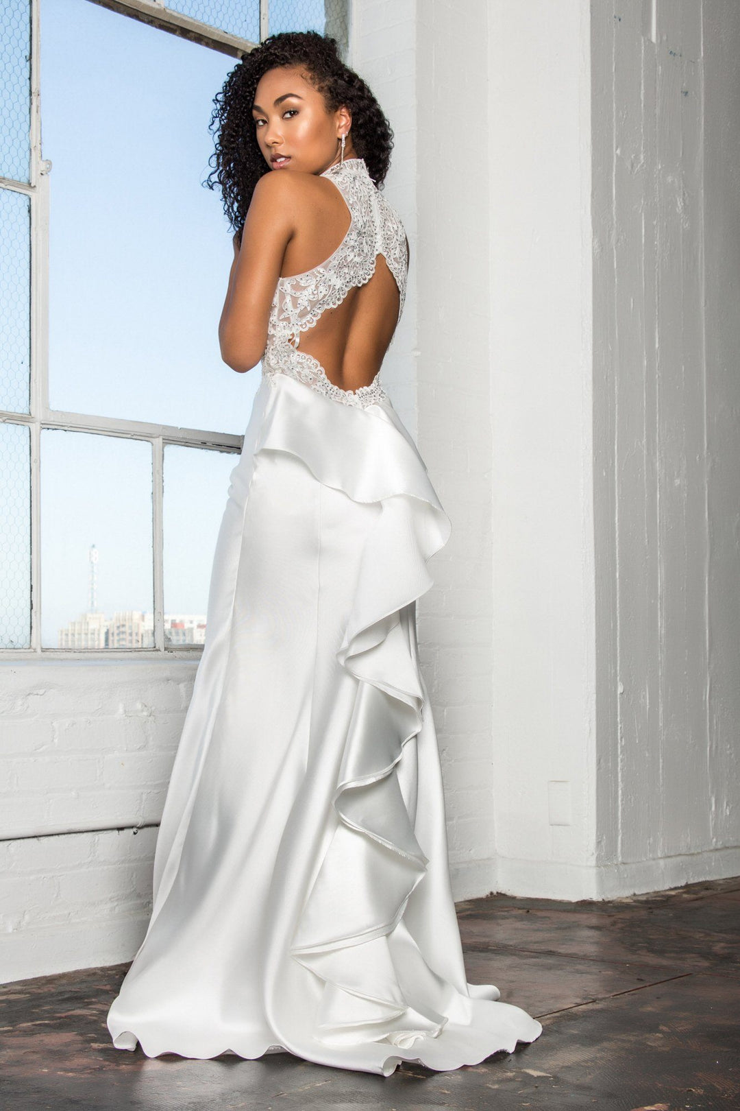 Long Embroidered Illusion Dress with Ruffled Back by Elizabeth K GL2227-Long Formal Dresses-ABC Fashion