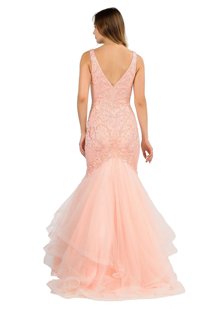 Long Embroidered V-Neck Mermaid Dress by Poly USA 8320-Long Formal Dresses-ABC Fashion