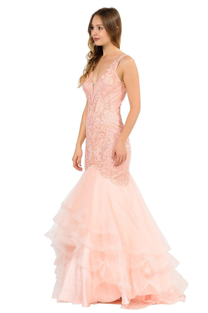 Long Embroidered V-Neck Mermaid Dress by Poly USA 8320-Long Formal Dresses-ABC Fashion