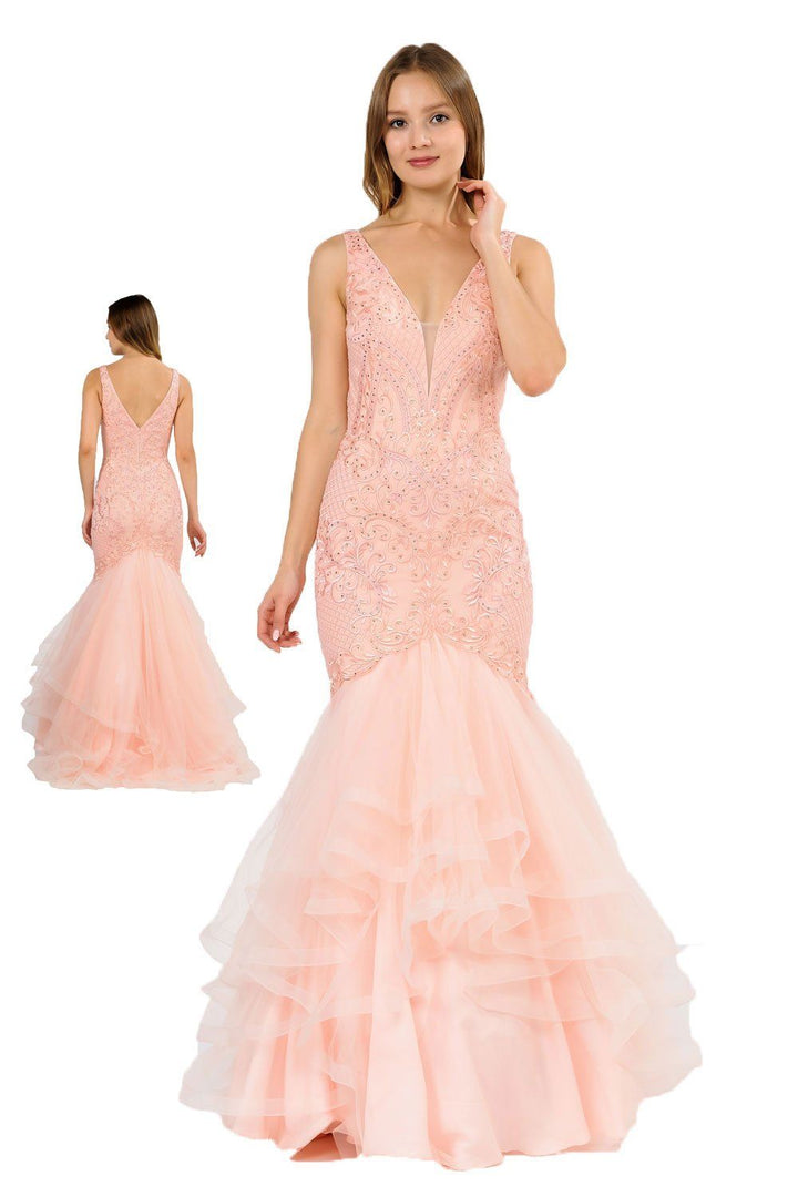 Long Embroidered V-Neck Mermaid Dress by Poly USA 8320-Long Formal Dresses-ABC Fashion