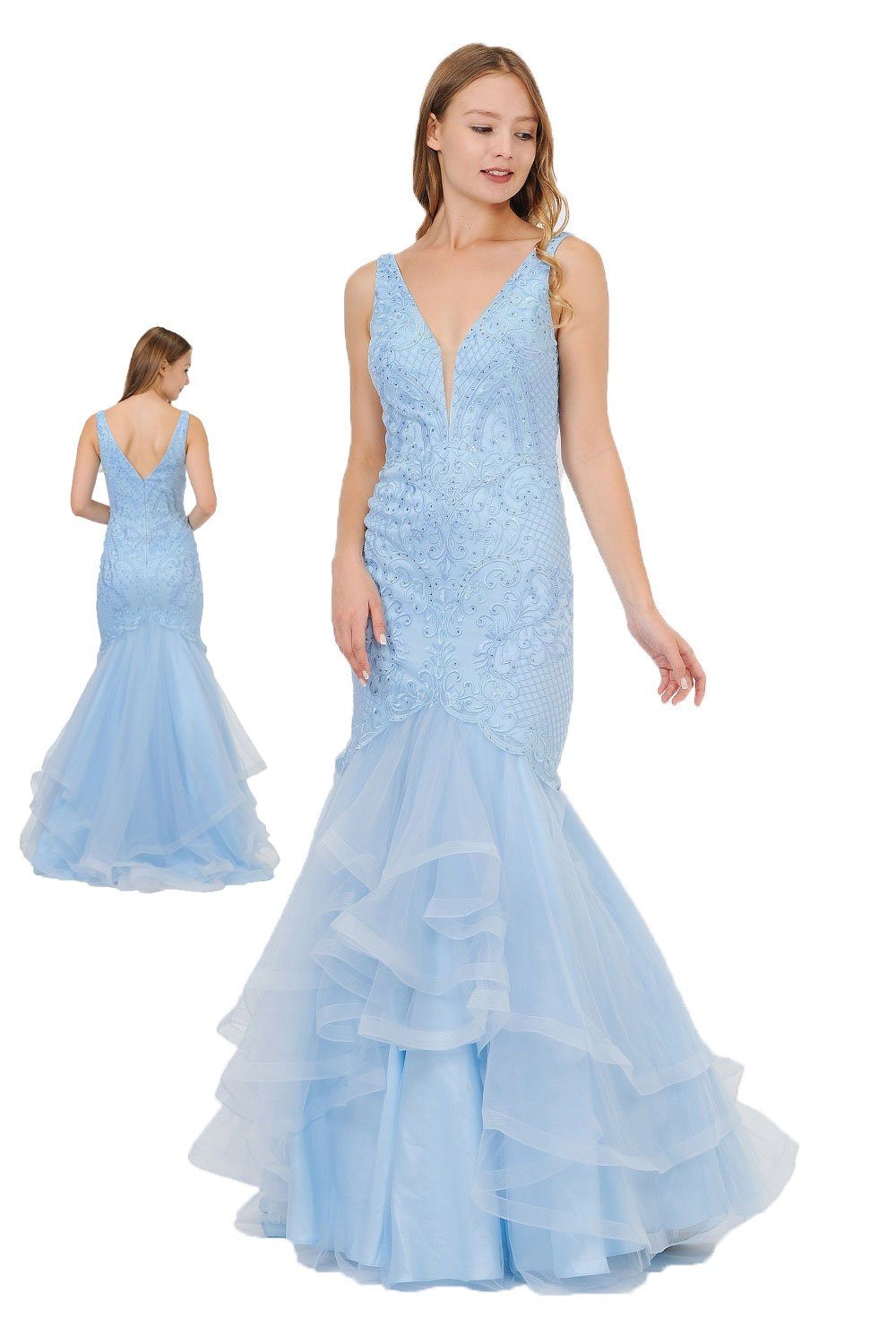 Long Embroidered V-Neck Mermaid Dress by Poly USA 8320-Long Formal Dresses-ABC Fashion