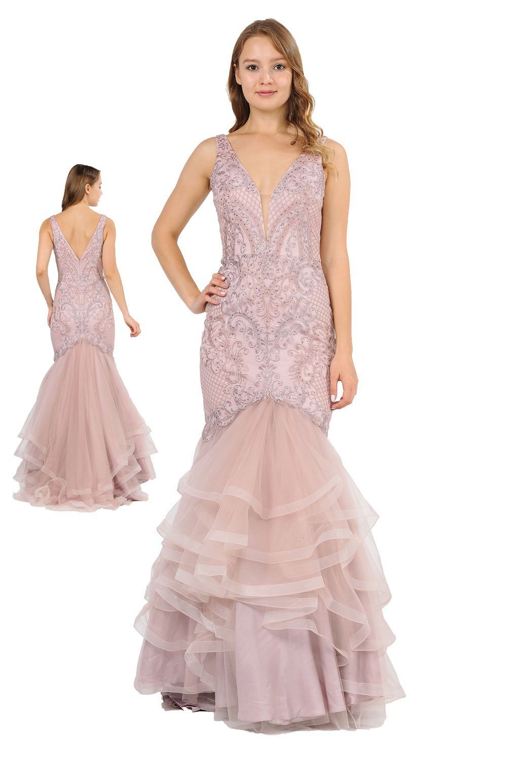 Long Embroidered V-Neck Mermaid Dress by Poly USA 8320-Long Formal Dresses-ABC Fashion