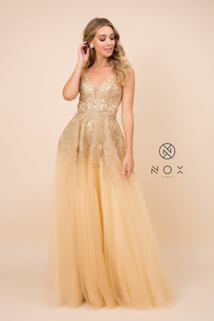 Long Embroidered V-Neck Tulle Dress by Nox Anabel R345