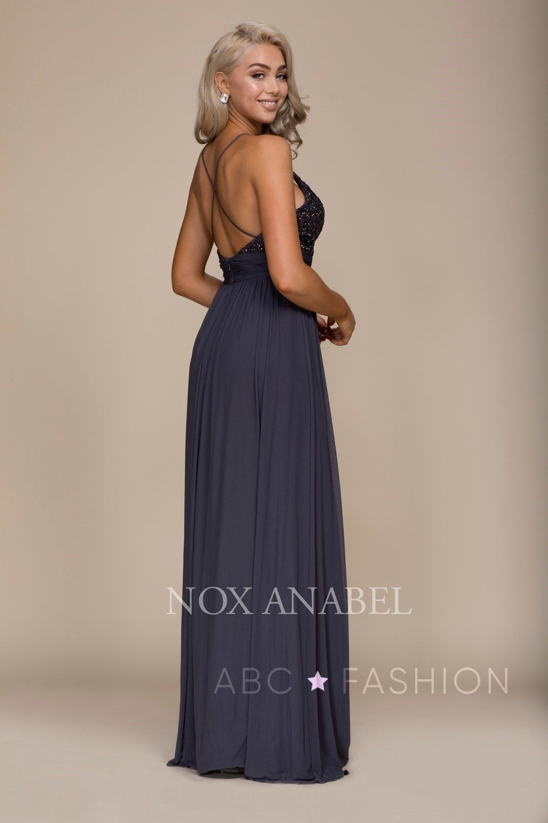 Long Empire Waist Dress with Appliqued Top by Nox Anabel A070-Long Formal Dresses-ABC Fashion