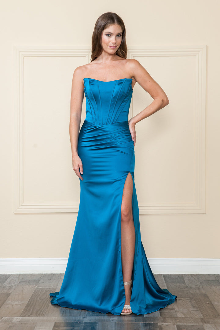 Long Fitted Corset Slit Dress by Poly USA 9024