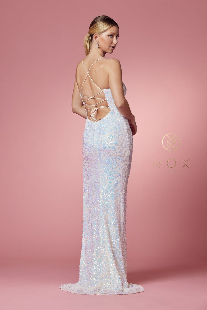 Long Fitted Iridescent Sequin Dress by Nox Anabel S458