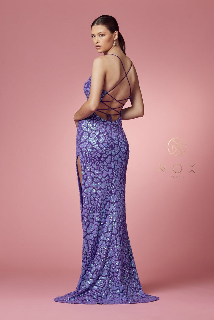 Long Fitted Iridescent Sequin Dress by Nox Anabel S458