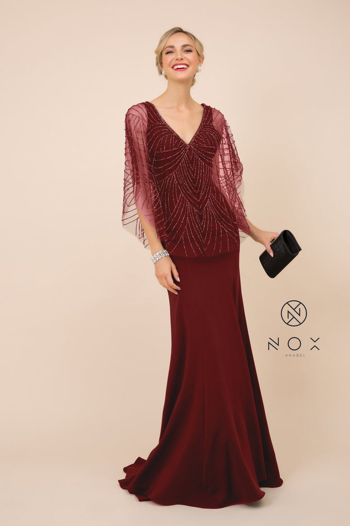 Long Fitted V-Neck Dress with Beaded Cape by Nox Anabel Y531