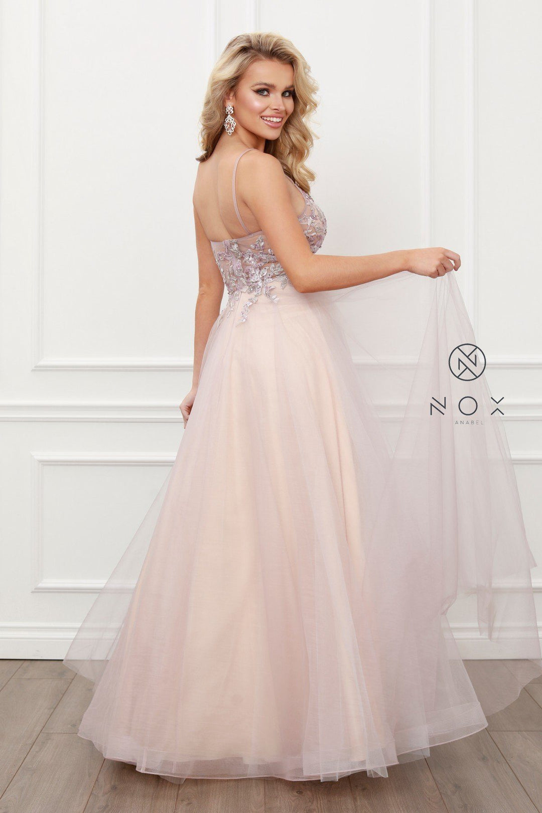Long Floral Applique Tulle Dress by Nox Anabel E460