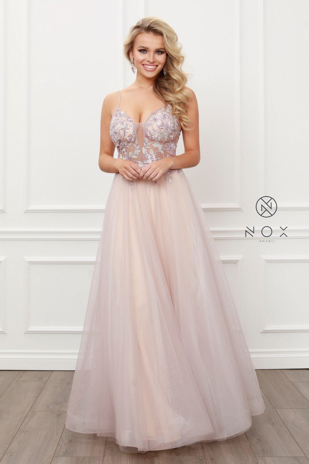 Long Floral Applique Tulle Dress by Nox Anabel E460