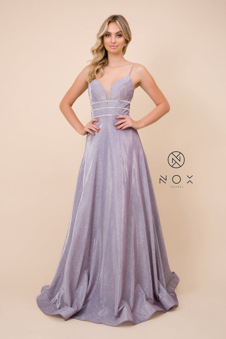 Long Glitter Dress with Beaded Waistband by Nox Anabel T312