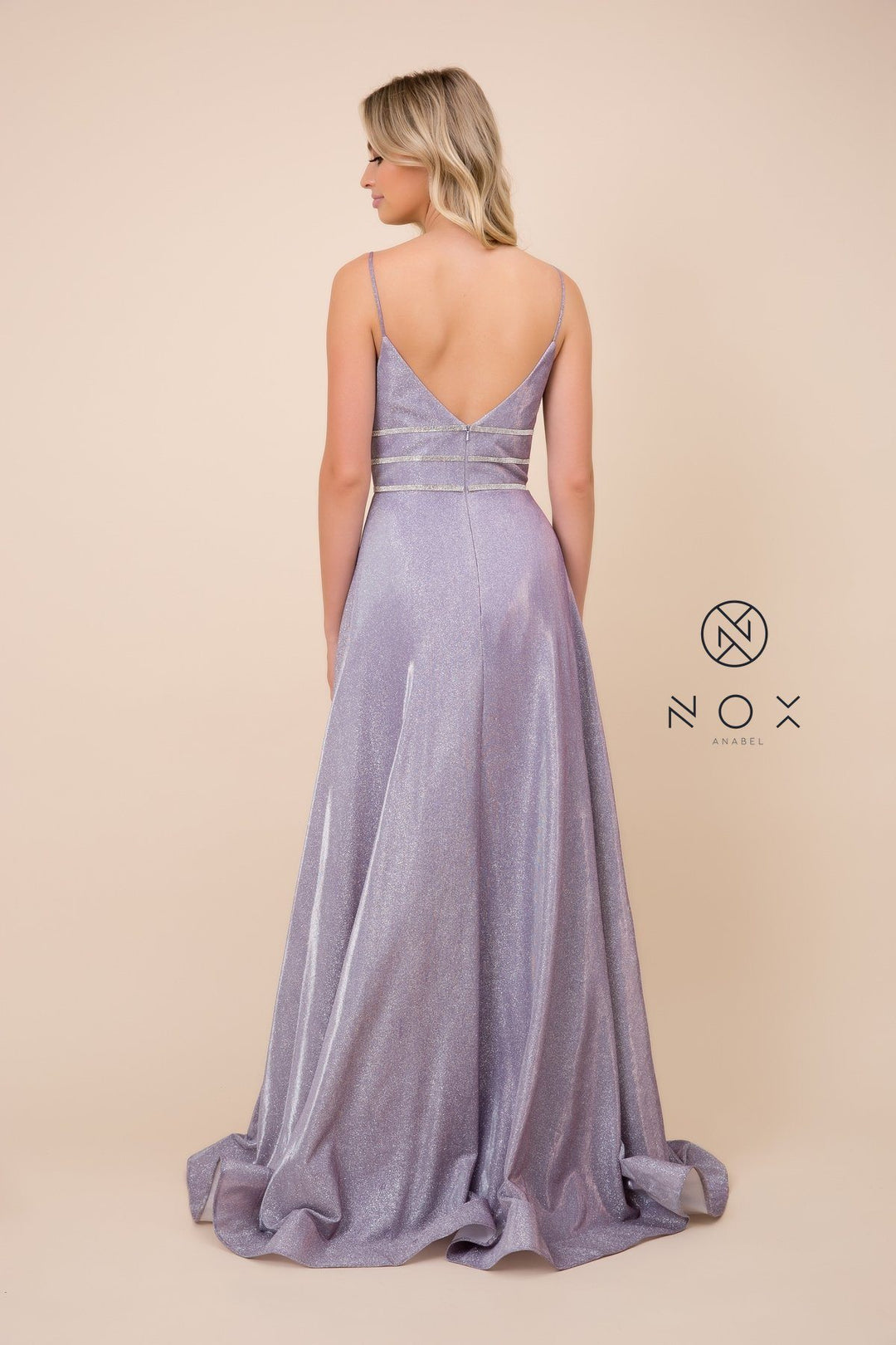 Long Glitter Dress with Beaded Waistband by Nox Anabel T312