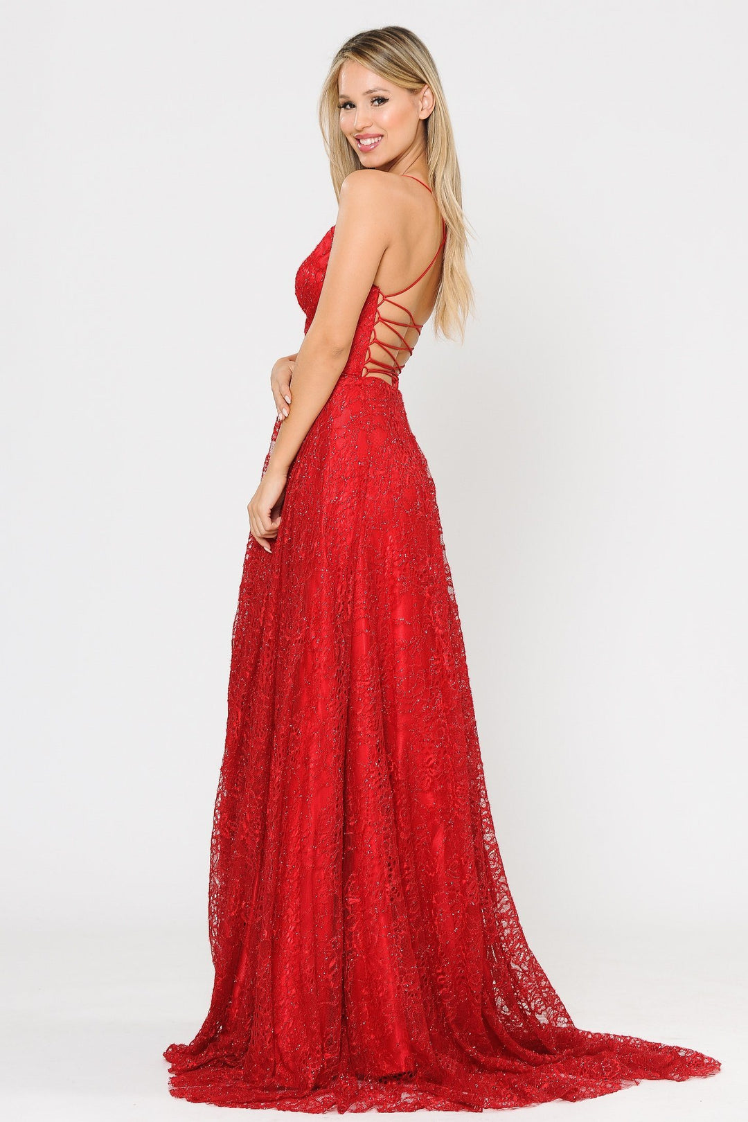 Long Glitter Lace Dress with Corset Back by Poly USA 8592