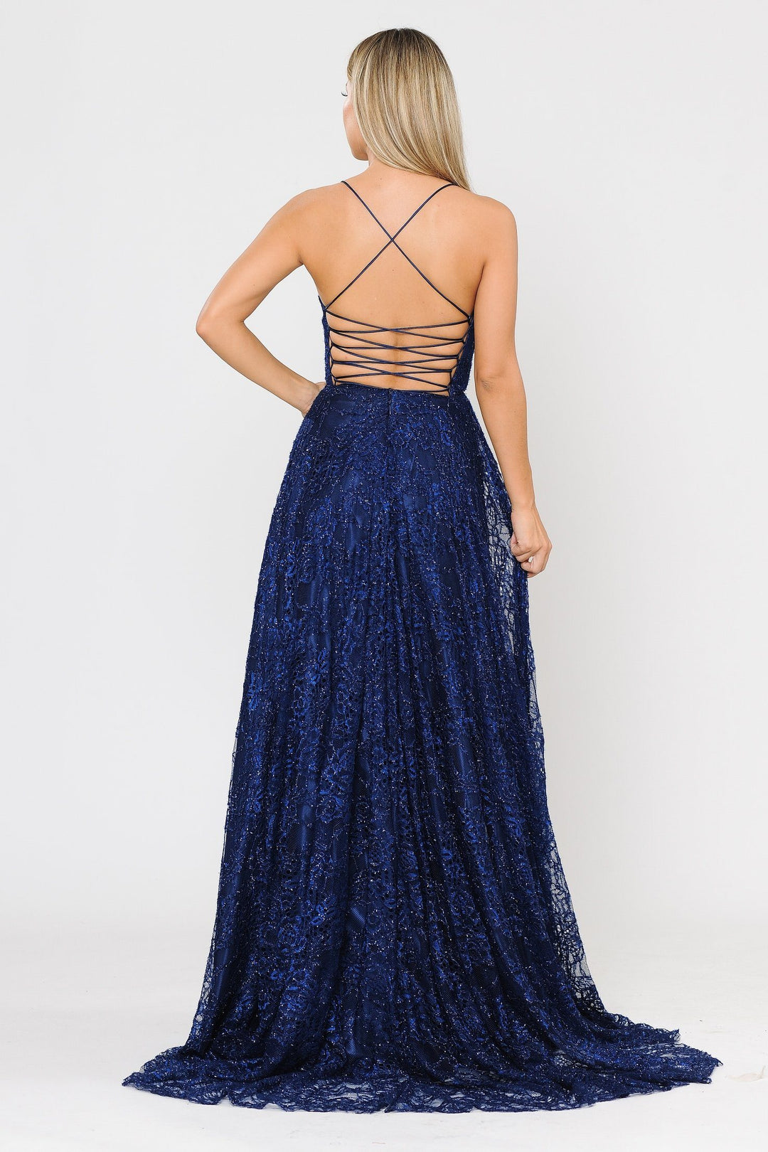 Long Glitter Lace Dress with Corset Back by Poly USA 8592