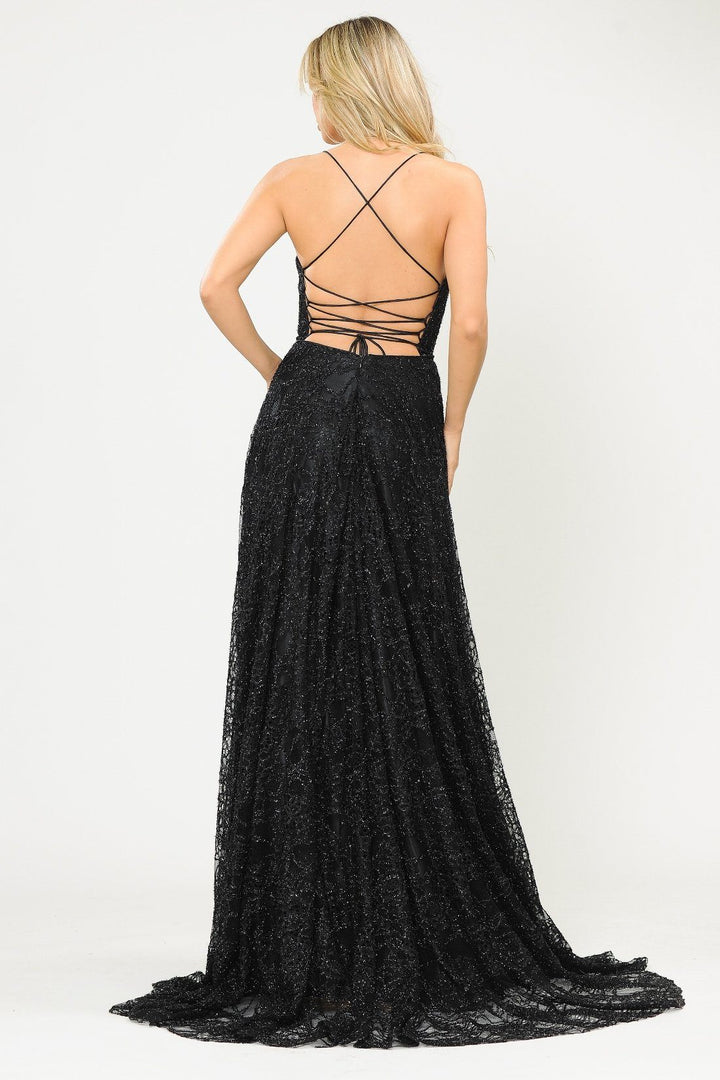 Long Glitter Lace Dress with Corset Back by Poly USA 8592