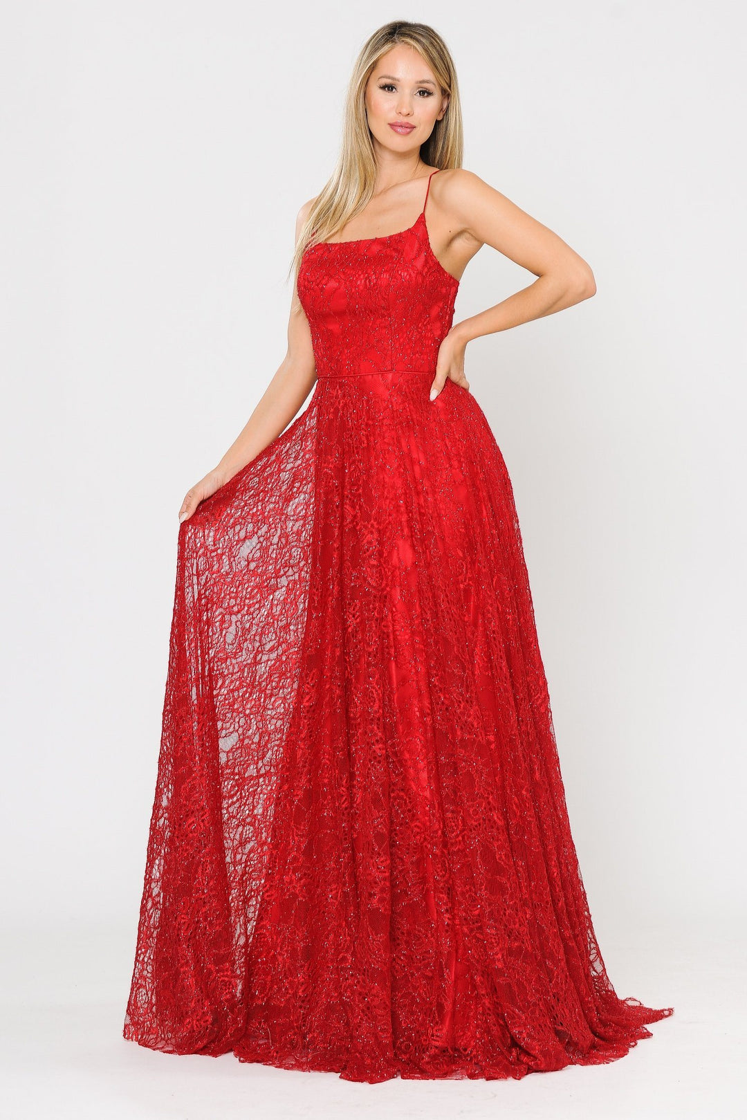 Long Glitter Lace Dress with Corset Back by Poly USA 8592