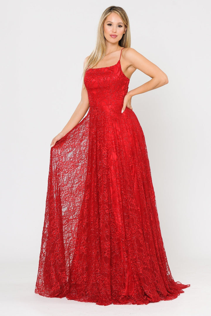 Long Glitter Lace Dress with Corset Back by Poly USA 8592