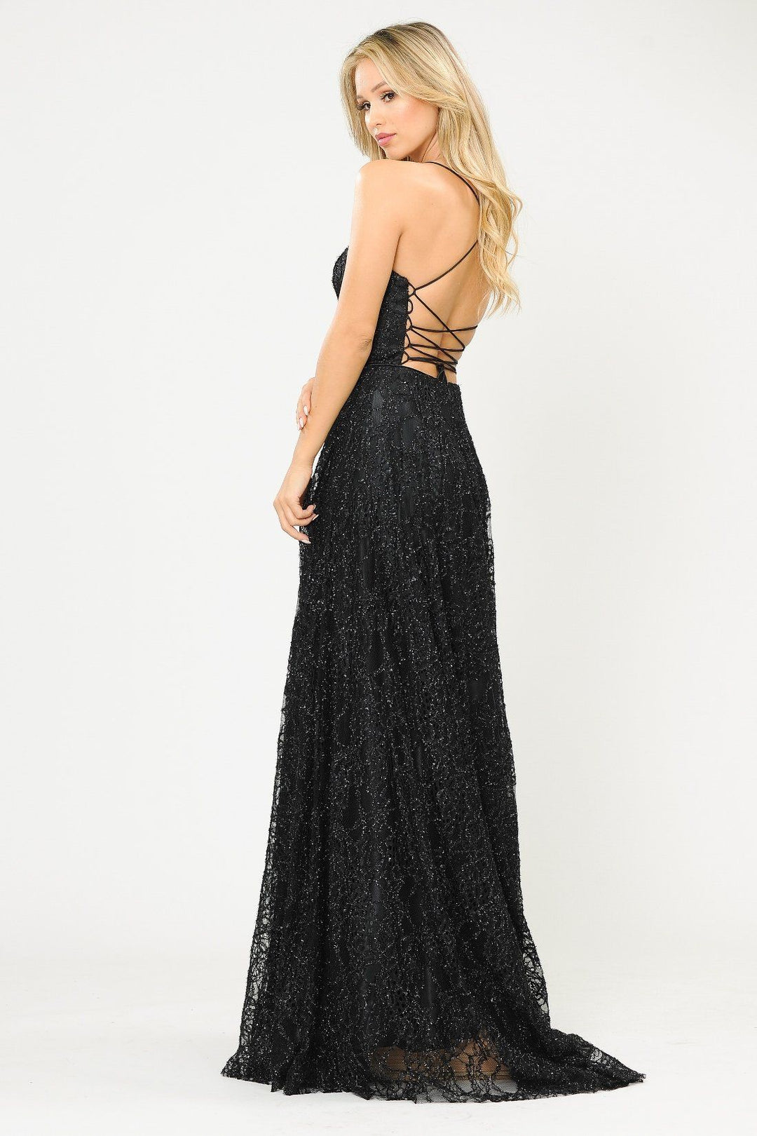 Long Glitter Lace Dress with Corset Back by Poly USA 8592