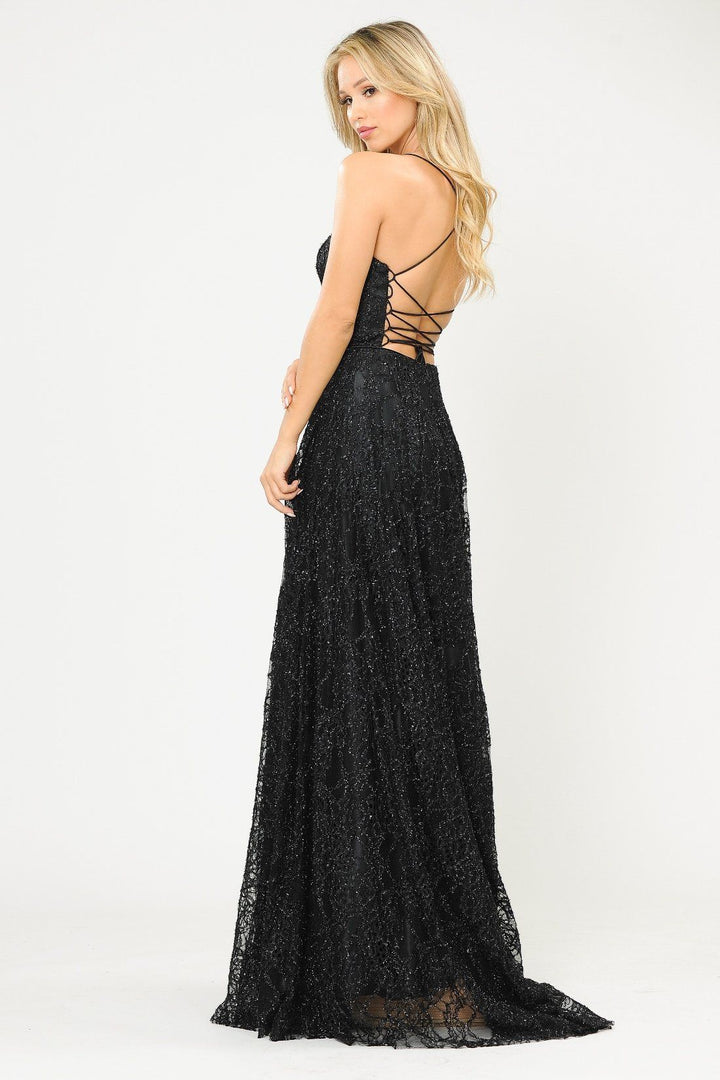 Long Glitter Lace Dress with Corset Back by Poly USA 8592